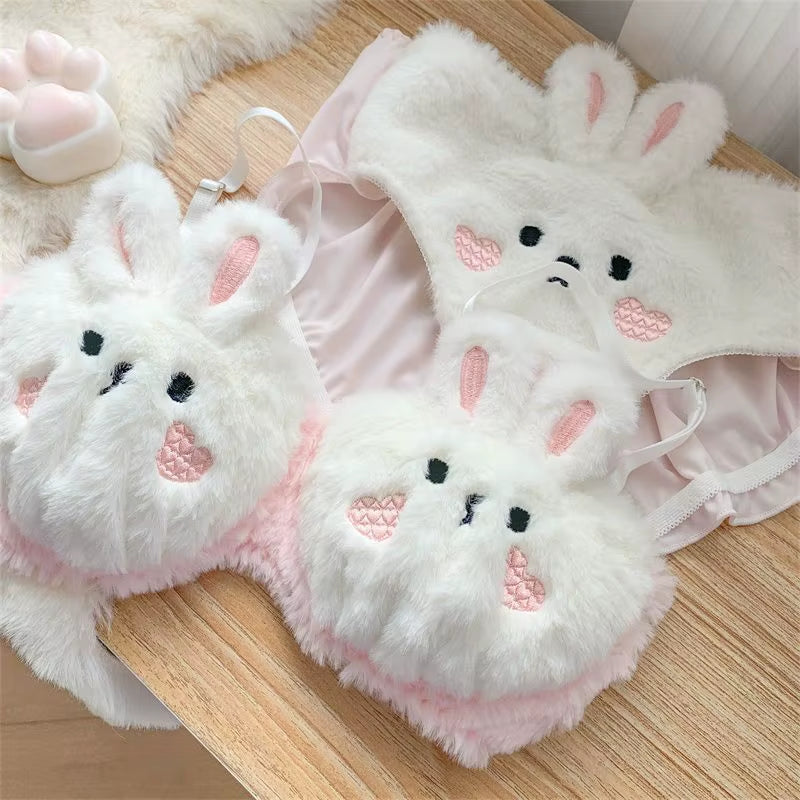 Plush Rabbit Autumn and Winter Plush Push-Up Underwear Female Warm Bra Cute Briefs Panties