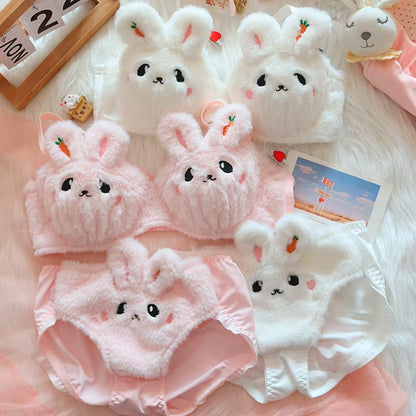 Plush Rabbit Autumn and Winter Plush Push-Up Underwear Female Warm Bra Cute Briefs Panties