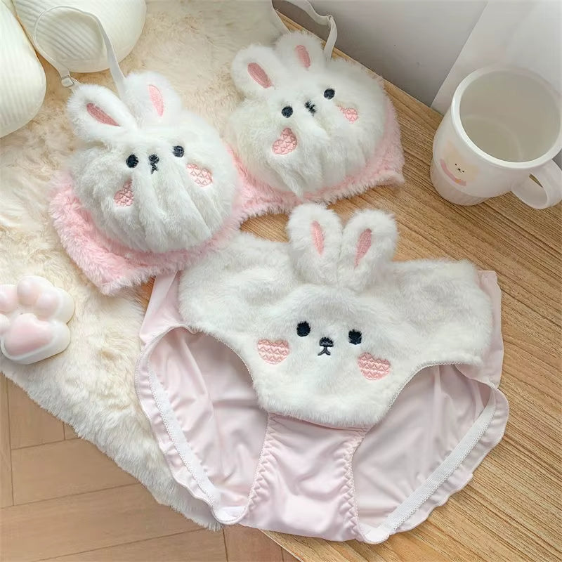 Plush Rabbit Autumn and Winter Plush Push-Up Underwear Female Warm Bra Cute Briefs Panties