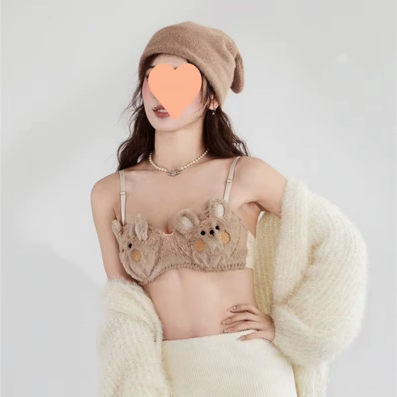 Plush Rabbit Autumn and Winter Plush Push-Up Underwear Female Warm Bra Cute Briefs Panties
