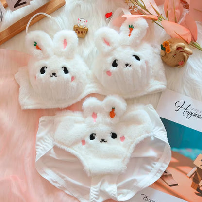 Plush Rabbit Autumn and Winter Plush Push-Up Underwear Female Warm Bra Cute Briefs Panties