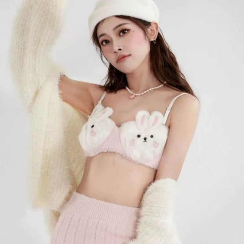 Plush Rabbit Autumn and Winter Plush Push-Up Underwear Female Warm Bra Cute Briefs Panties