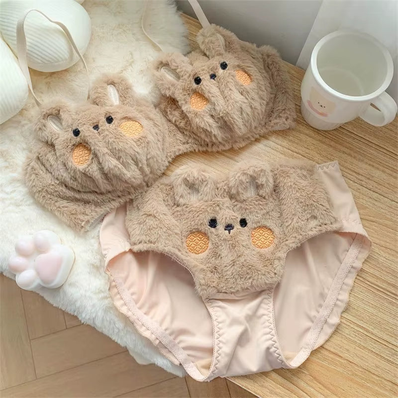 Plush Rabbit Autumn and Winter Plush Push-Up Underwear Female Warm Bra Cute Briefs Panties