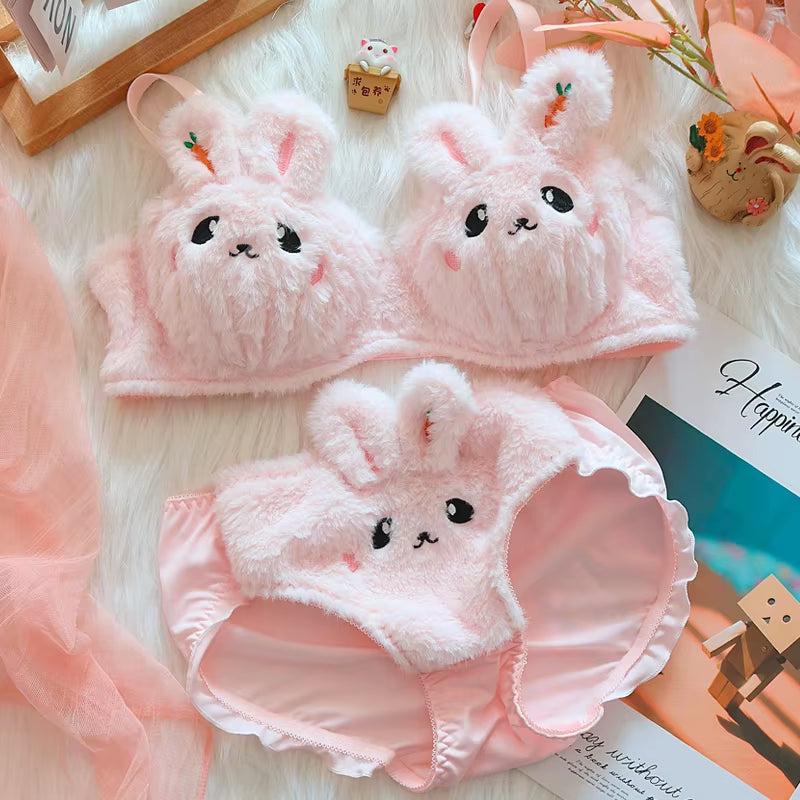 Plush Rabbit Autumn and Winter Plush Push-Up Underwear Female Warm Bra Cute Briefs Panties